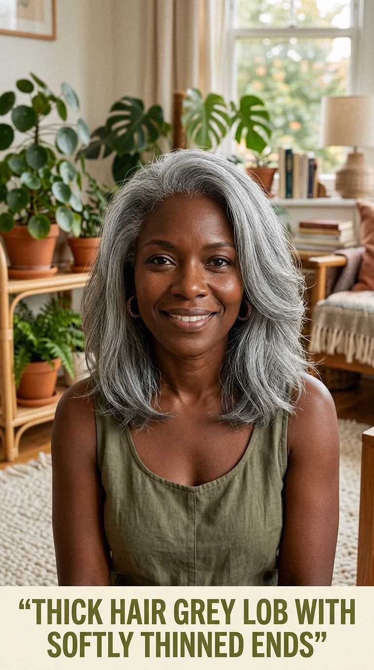 Thick Hair Grey Lob With Softly Thinned Ends