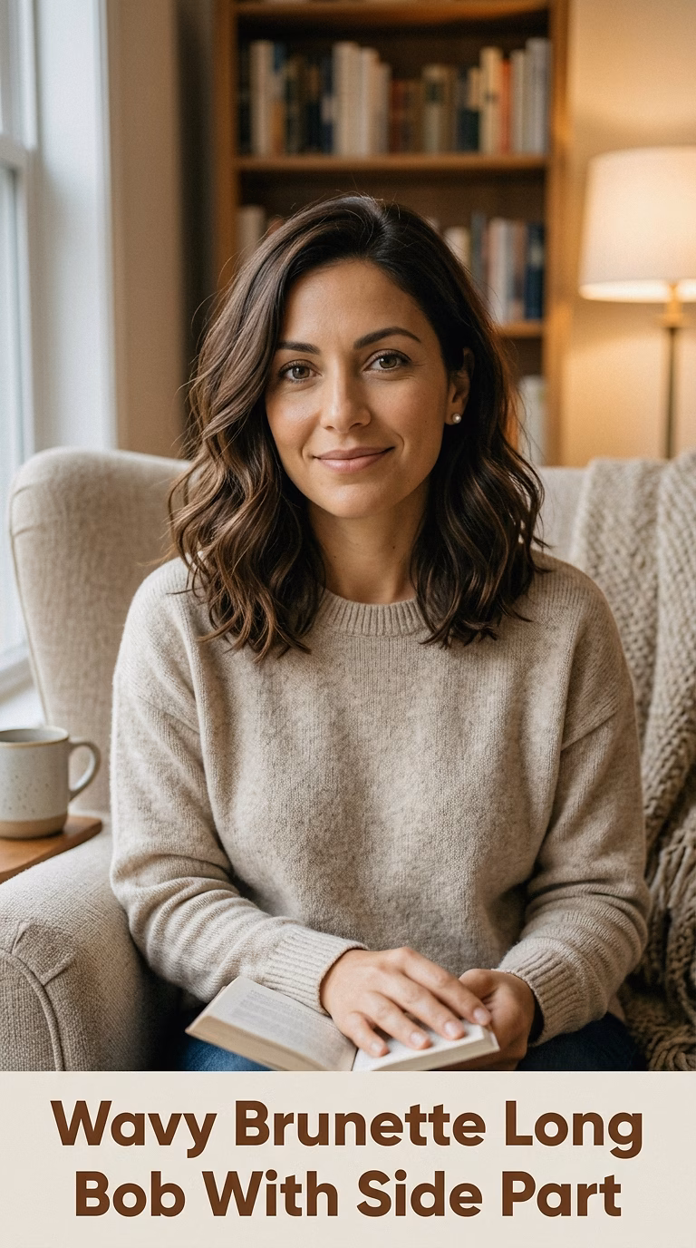 Wavy Brunette Long Bob With Side Part