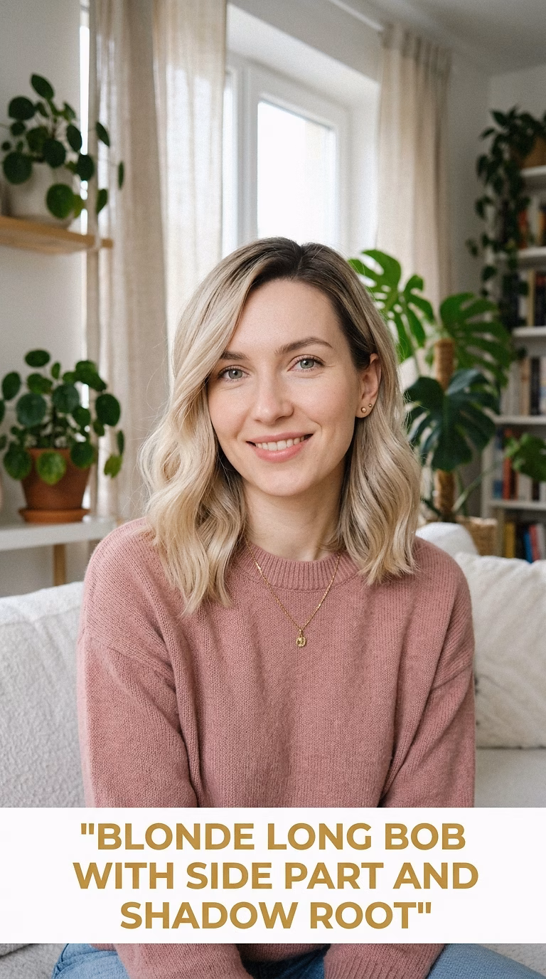 Blonde Long Bob With Side Part And Shadow Root