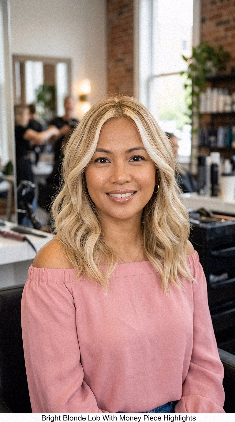 Bright Blonde Lob With Money Piece Highlights