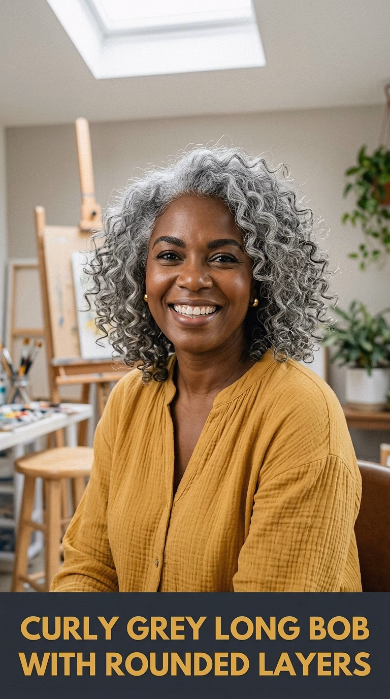 Curly Grey Long Bob With Rounded Layers
