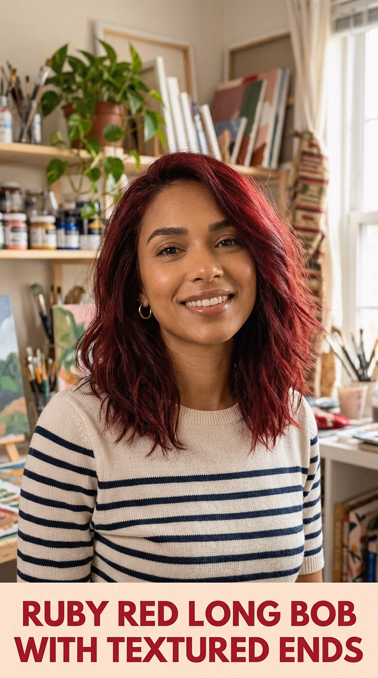 Ruby Red Long Bob With Textured Ends