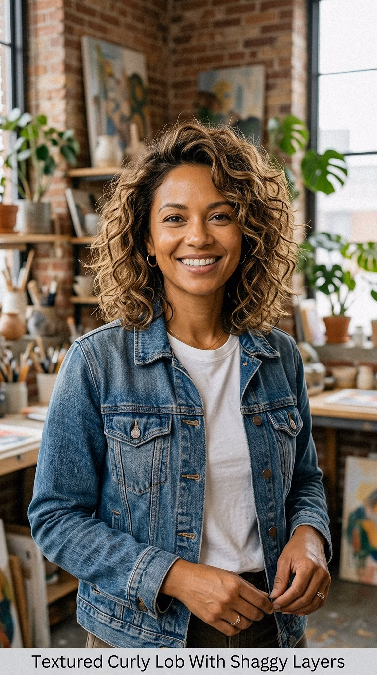 Textured Curly Lob With Shaggy Layers