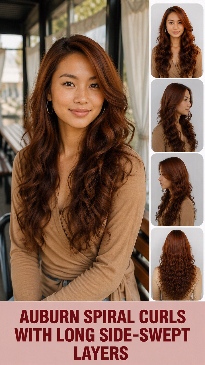 Auburn Spiral Curls With Long Side-Swept Layers