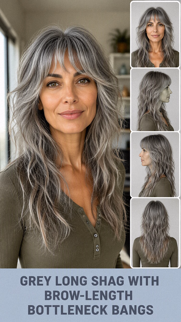 Grey Long Shag With Brow-Length Bottleneck Bangs