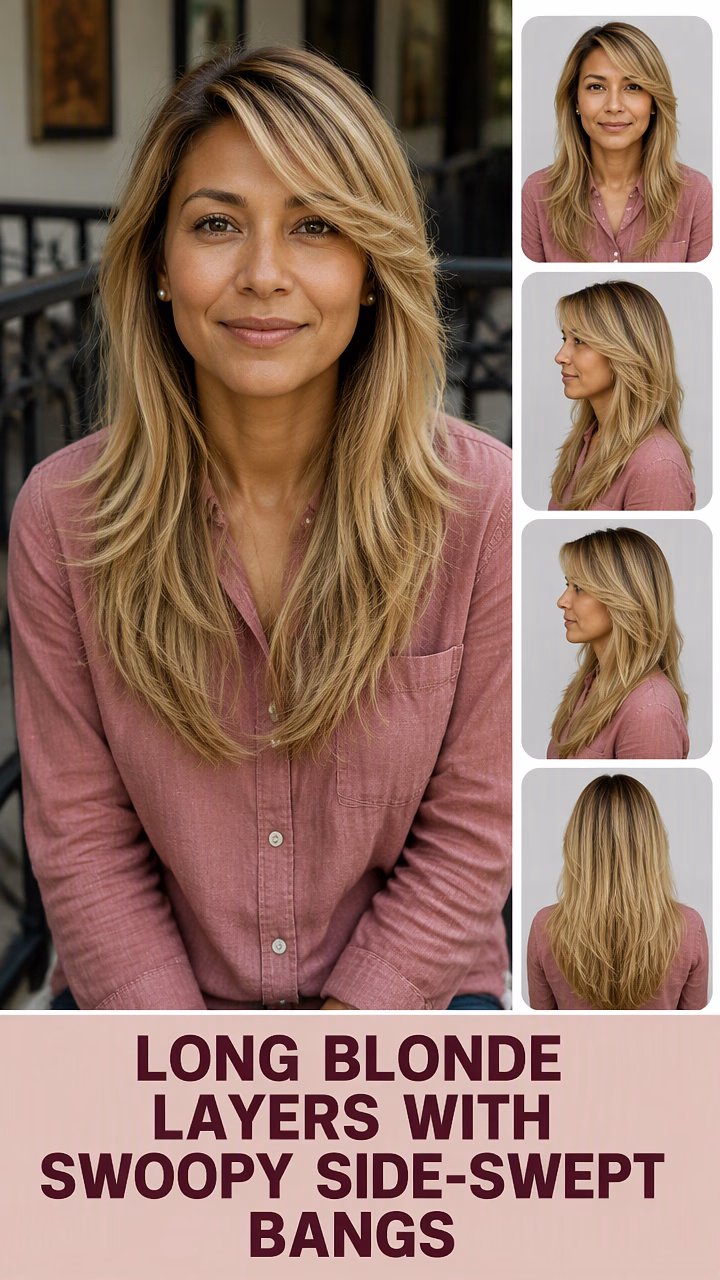 Long Blonde Layers With Swoopy Side-Swept Bangs