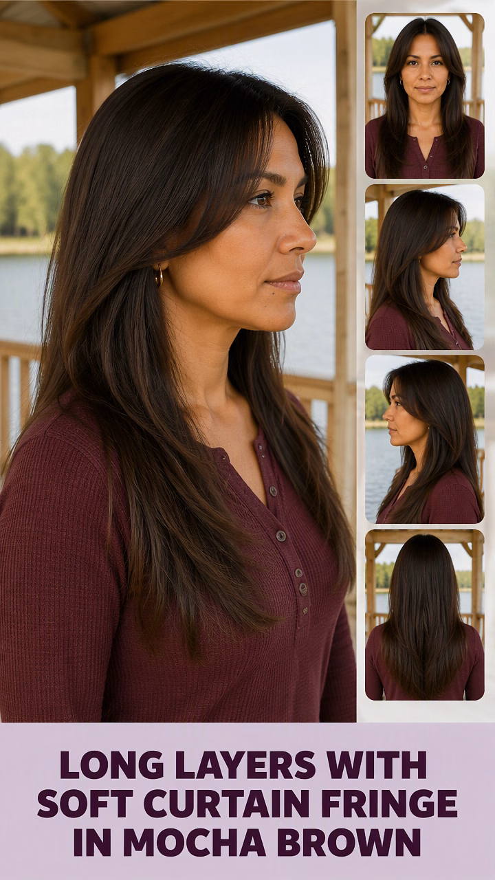 Long Layers With Soft Curtain Fringe In Mocha Brown
