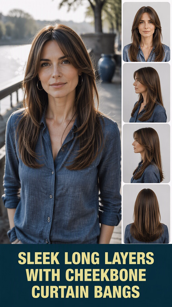 Sleek Long Layers With Cheekbone Curtain Bangs