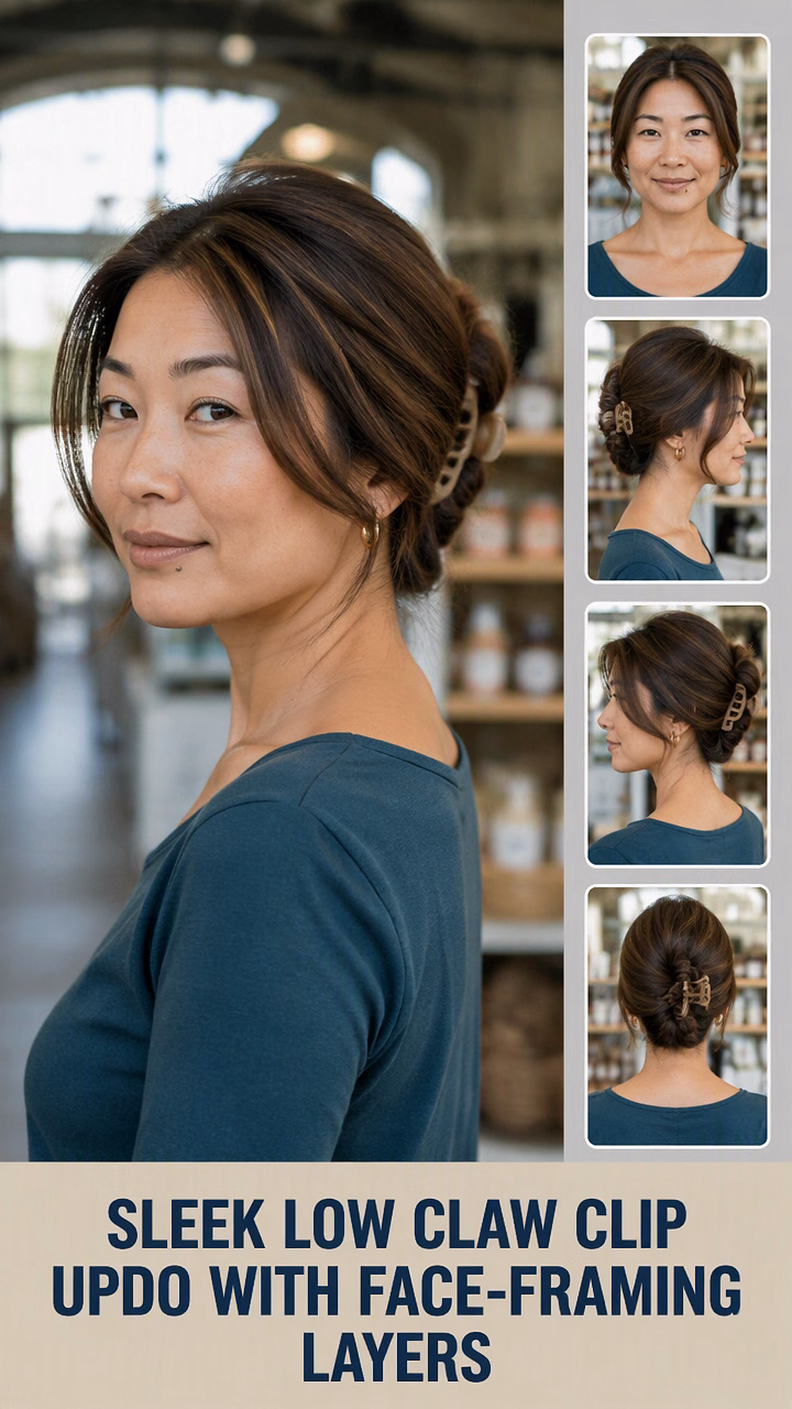Sleek Low Claw Clip Updo With Face-Framing Layers