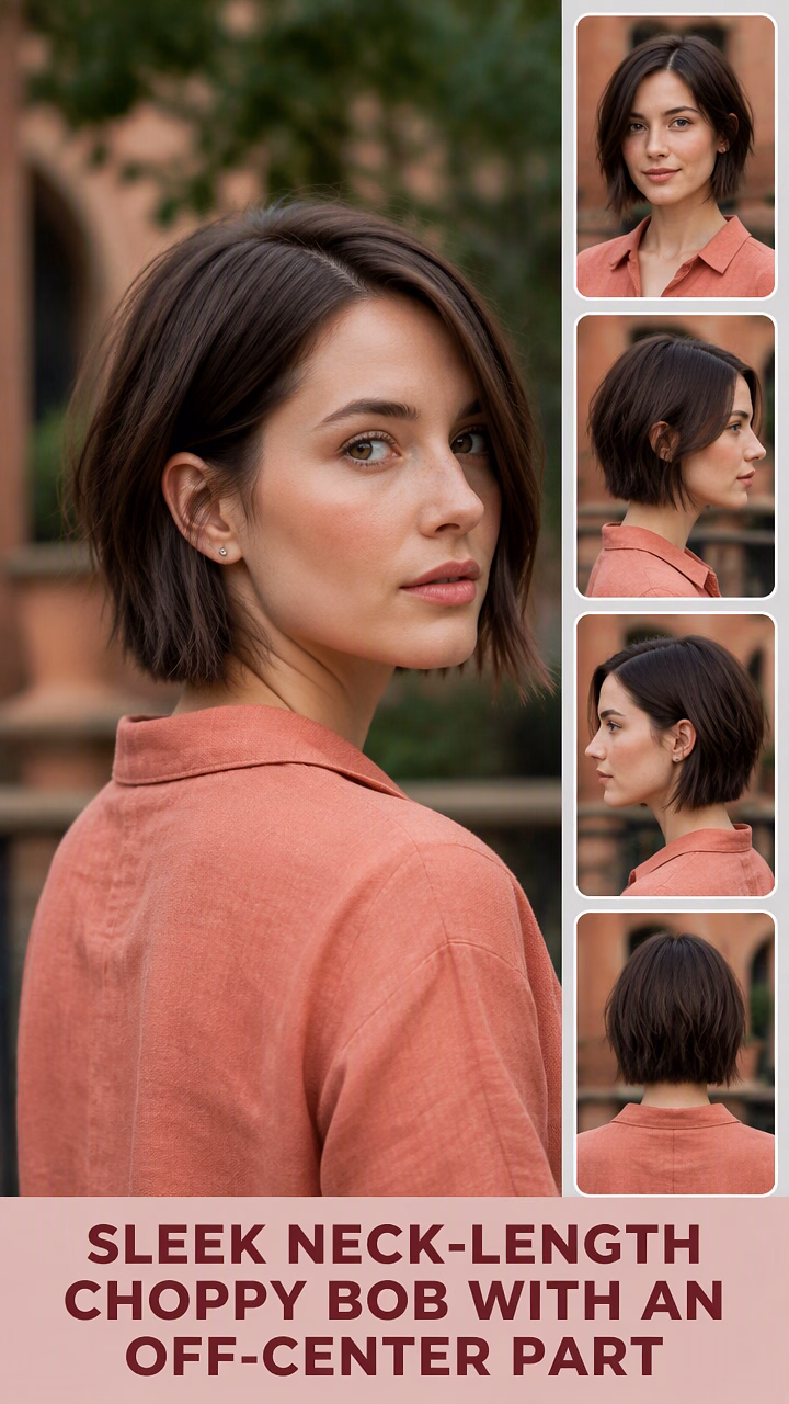 Sleek Neck-Length Choppy Bob With An Off-Center Part