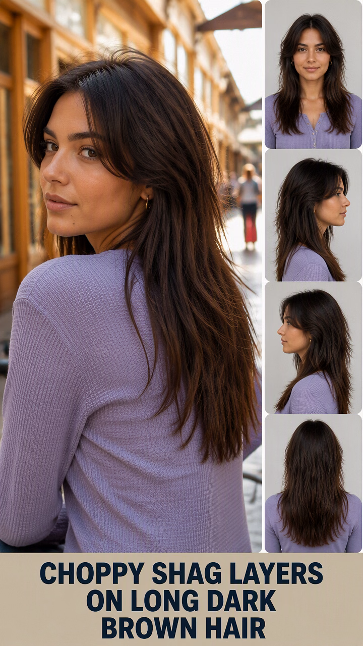 Choppy Shag Layers On Long Dark Brown Hair