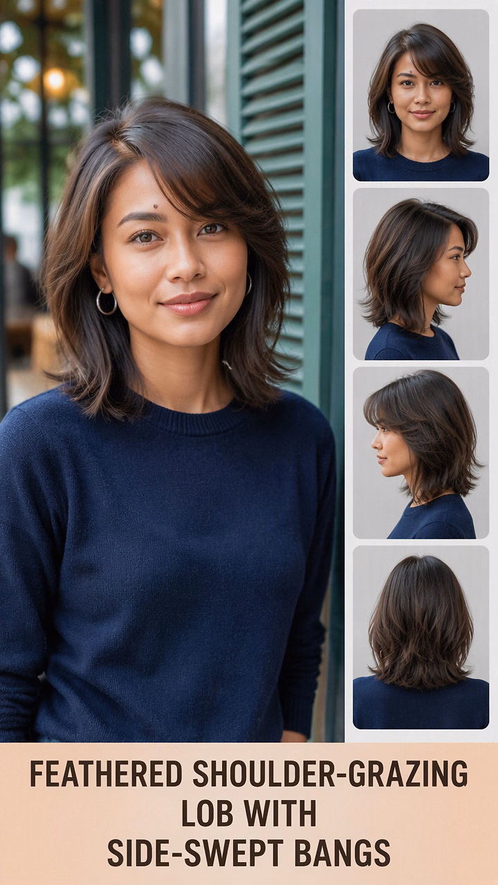 Feathered Shoulder-Grazing Lob With Side-Swept Bangs