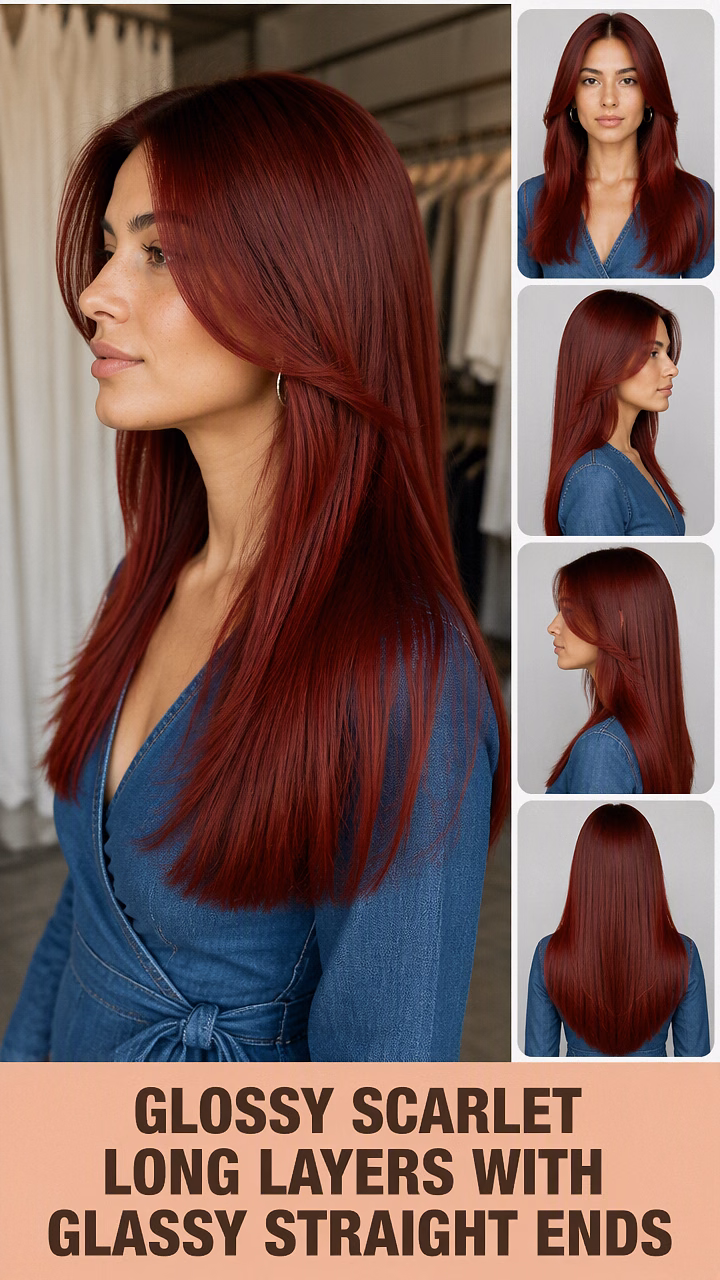 Glossy Scarlet Long Layers With Glassy Straight Ends