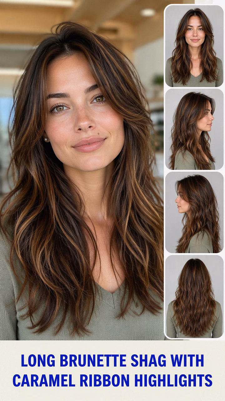 Long Brunette Shag With Caramel Ribbon Highlights