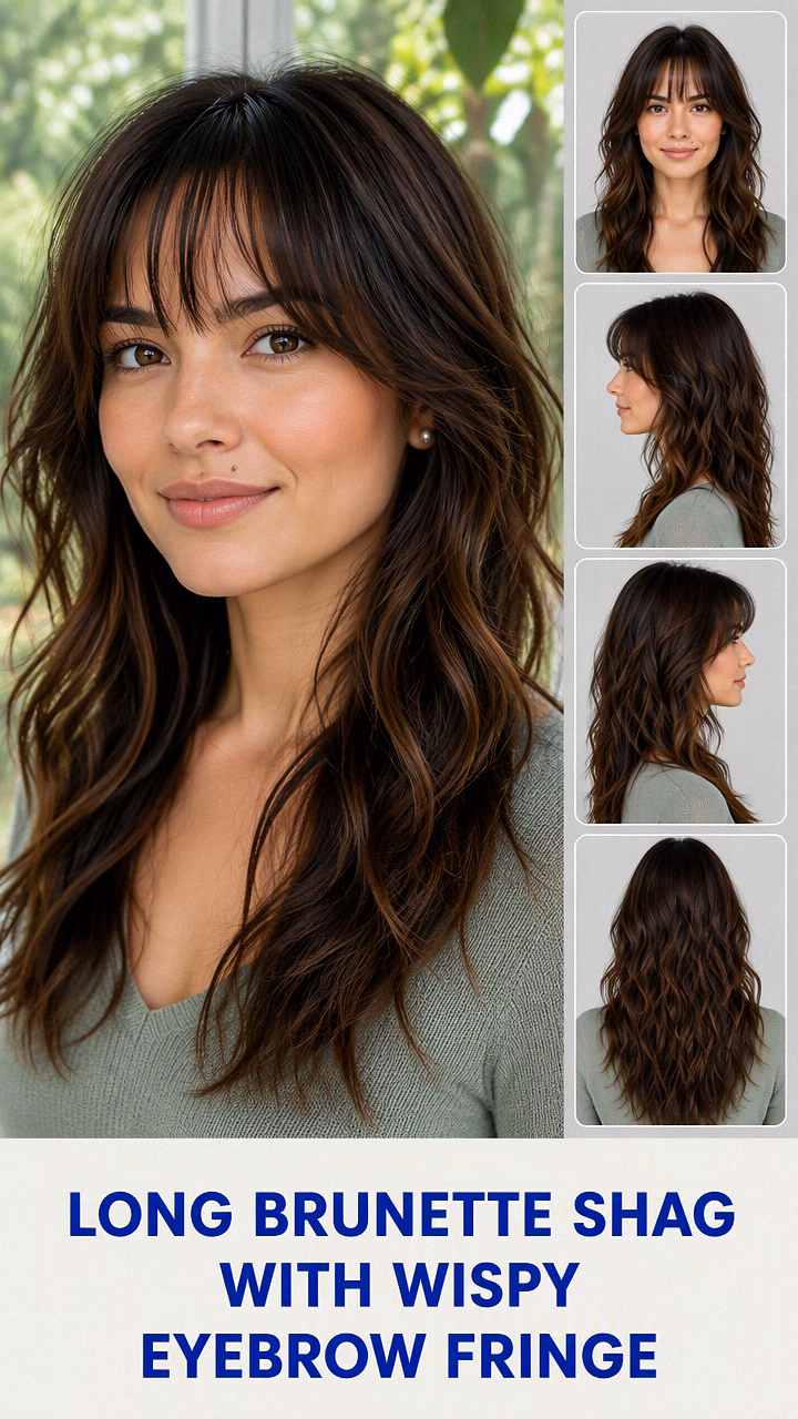 Long Brunette Shag With Wispy Eyebrow Fringe