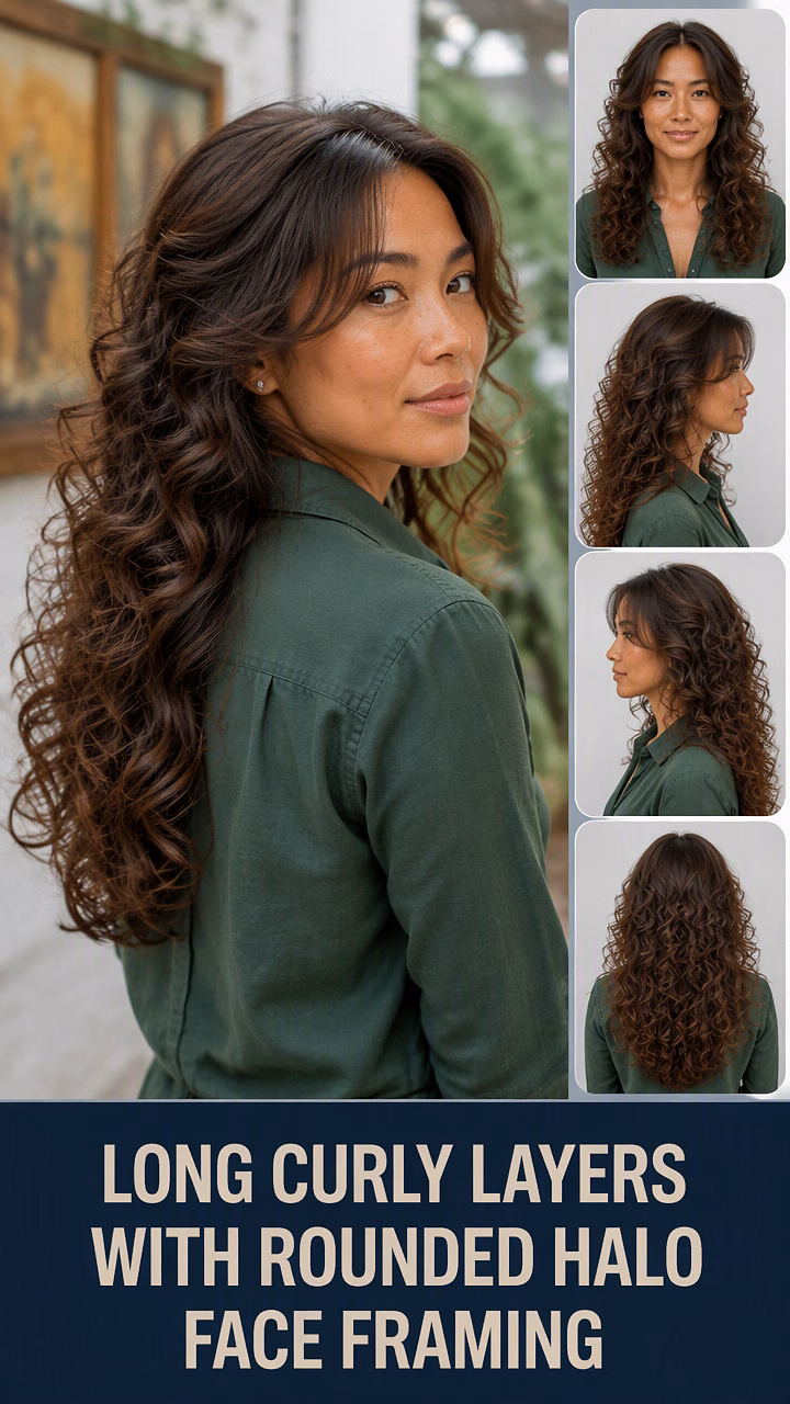 Long Curly Layers With Rounded Halo Face Framing