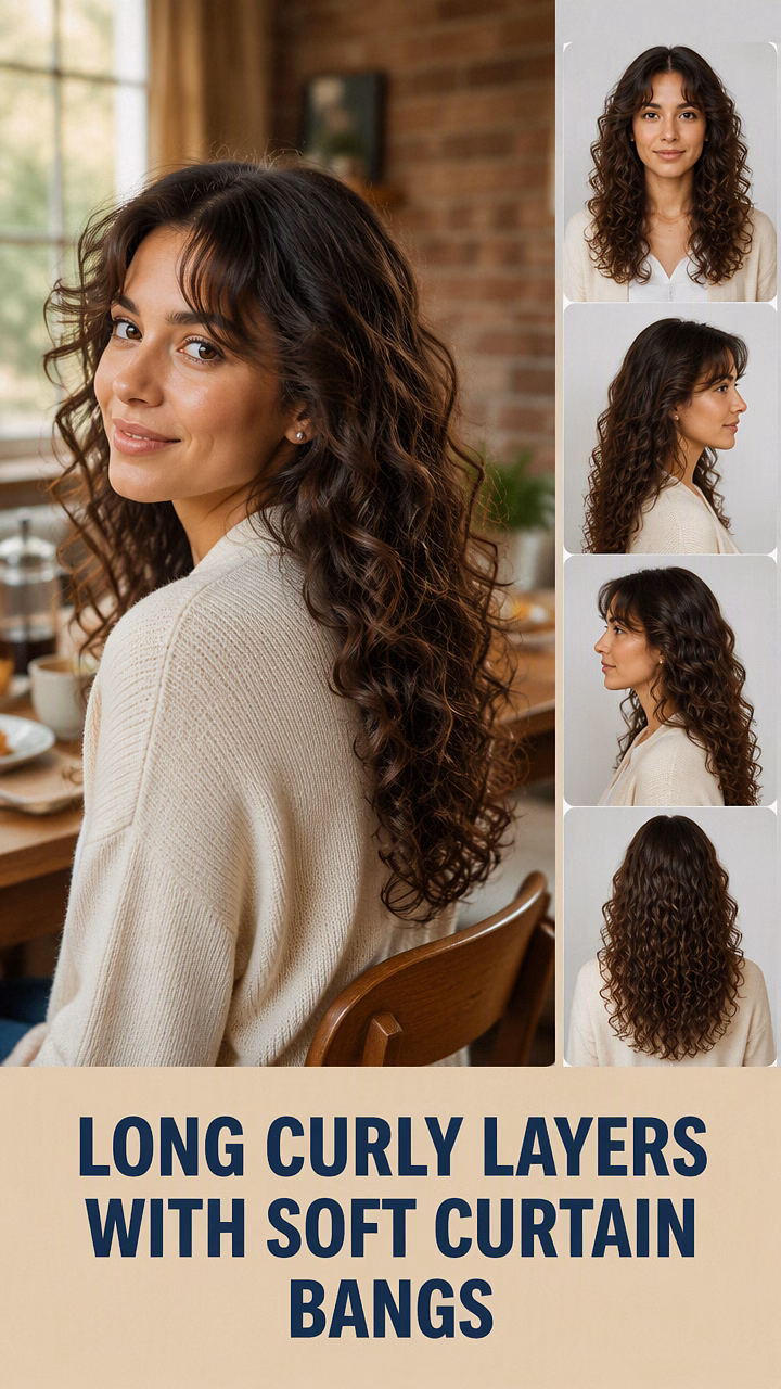 Long Curly Layers With Soft Curtain Bangs