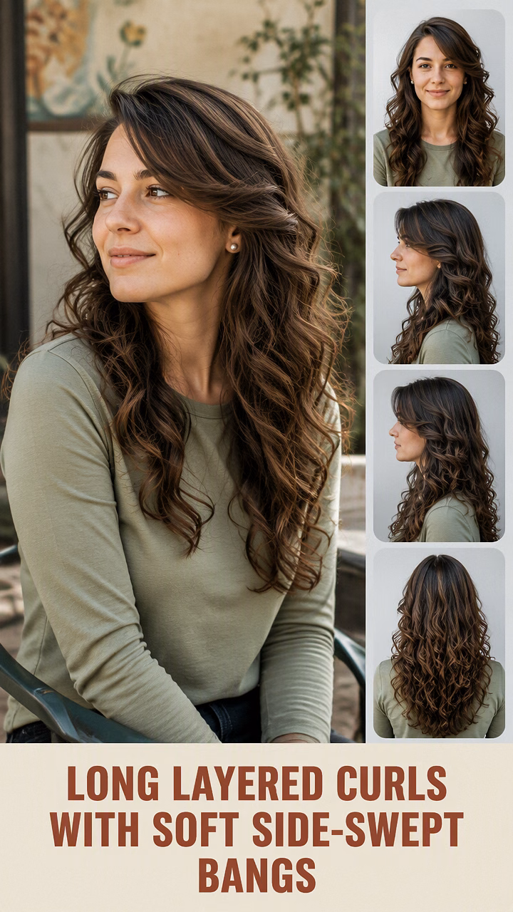 Long Layered Curls With Soft Side-Swept Bangs