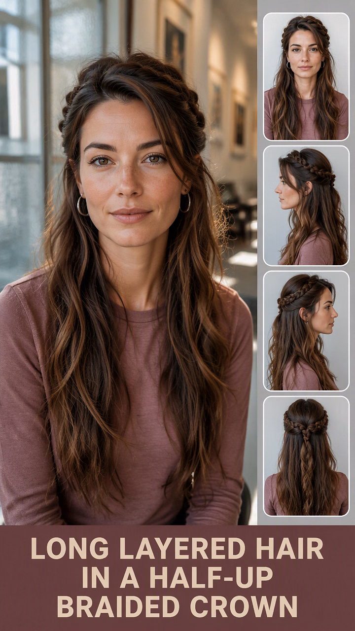 Long Layered Hair In A Half-Up Braided Crown