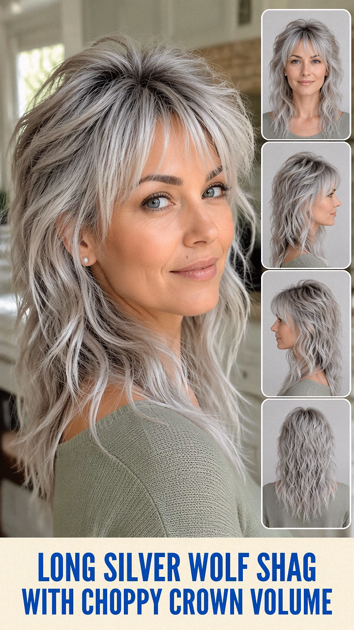 Long Silver Wolf Shag With Choppy Crown Volume