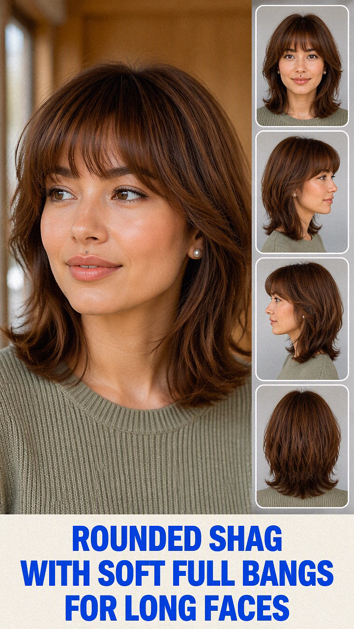 Rounded Shag With Soft Full Bangs For Long Faces