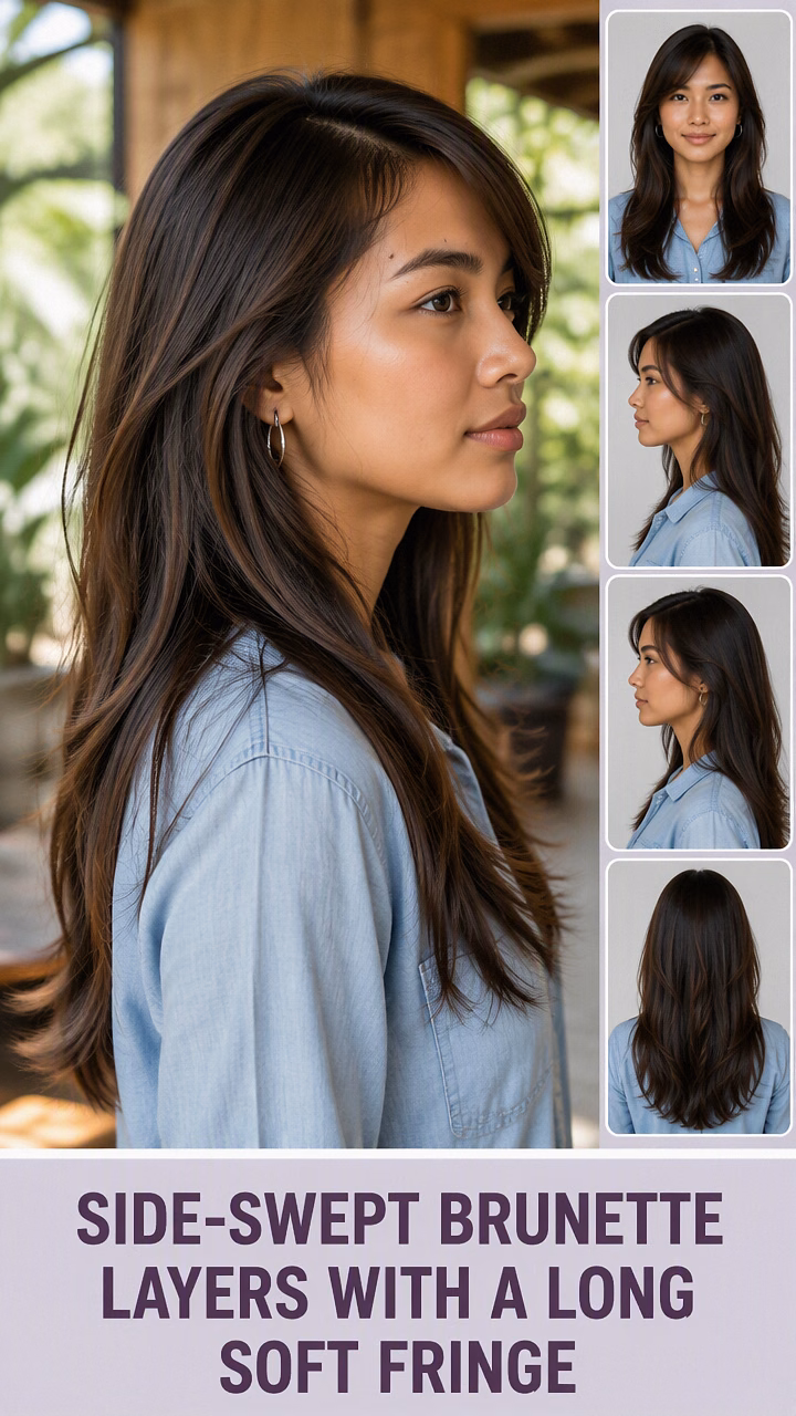 Side-Swept Brunette Layers With A Long Soft Fringe