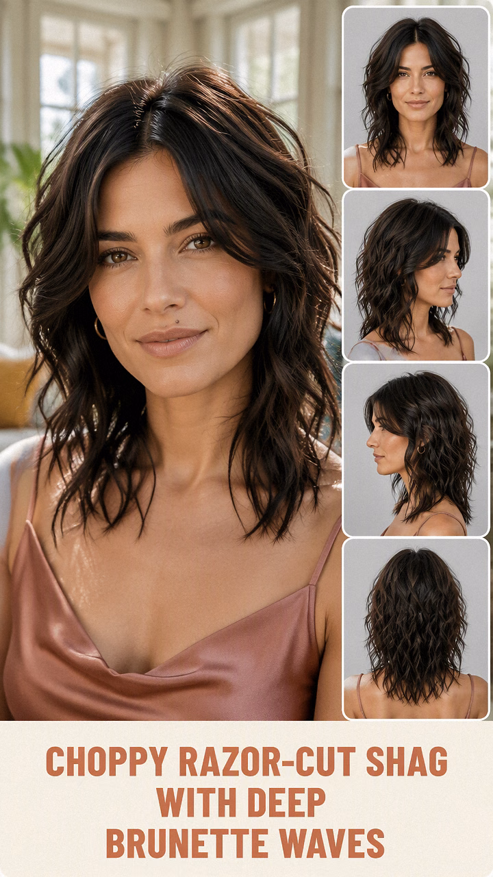 Choppy Razor-Cut Shag With Deep Brunette Waves