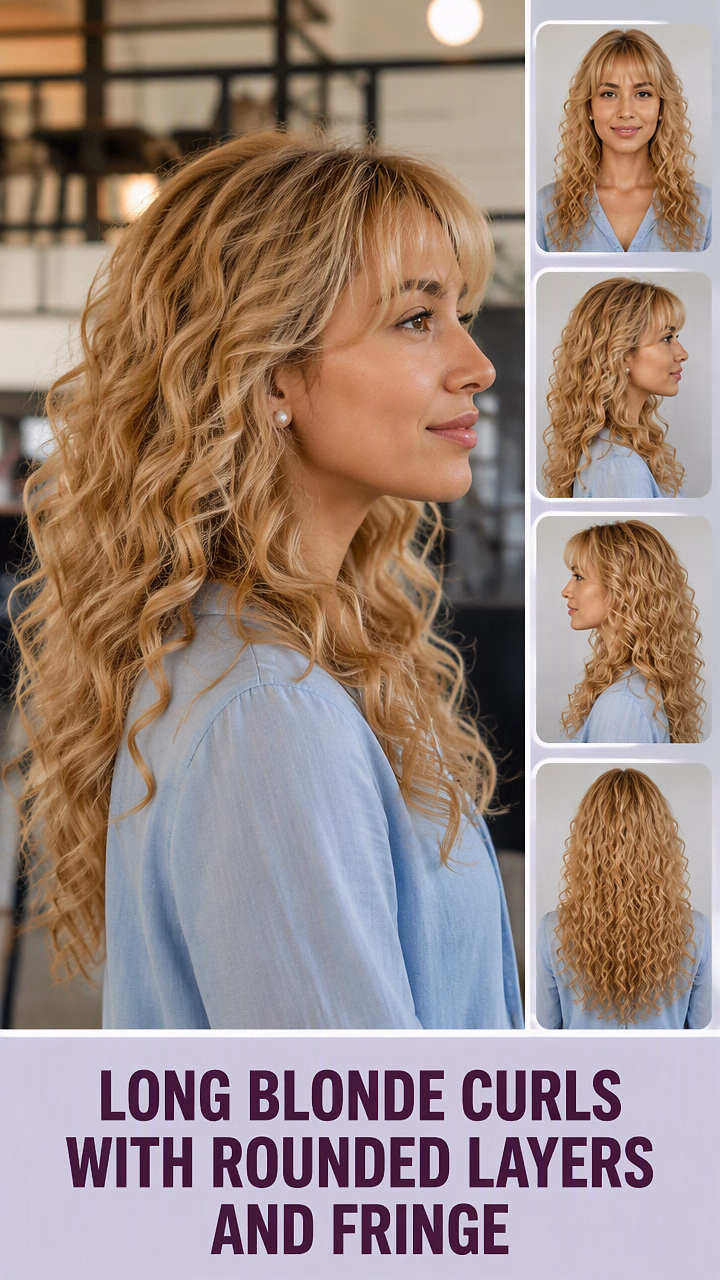 Long Blonde Curls With Rounded Layers And Fringe