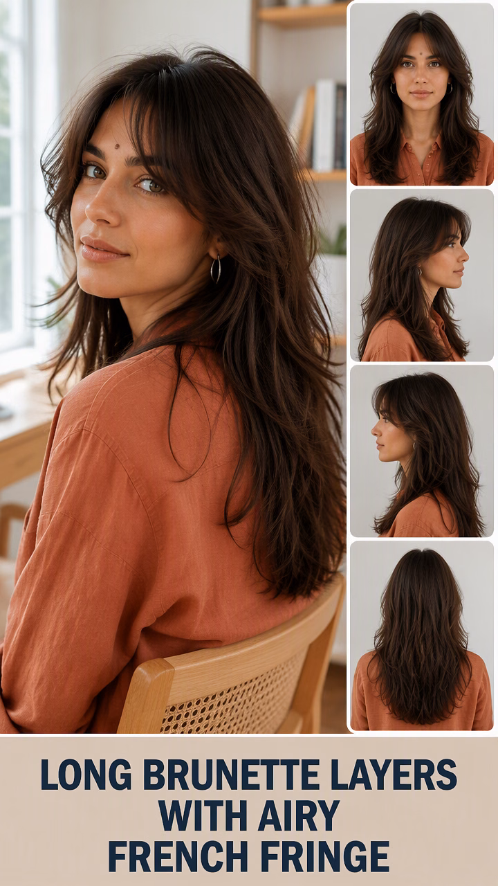 Long Brunette Layers With Airy French Fringe