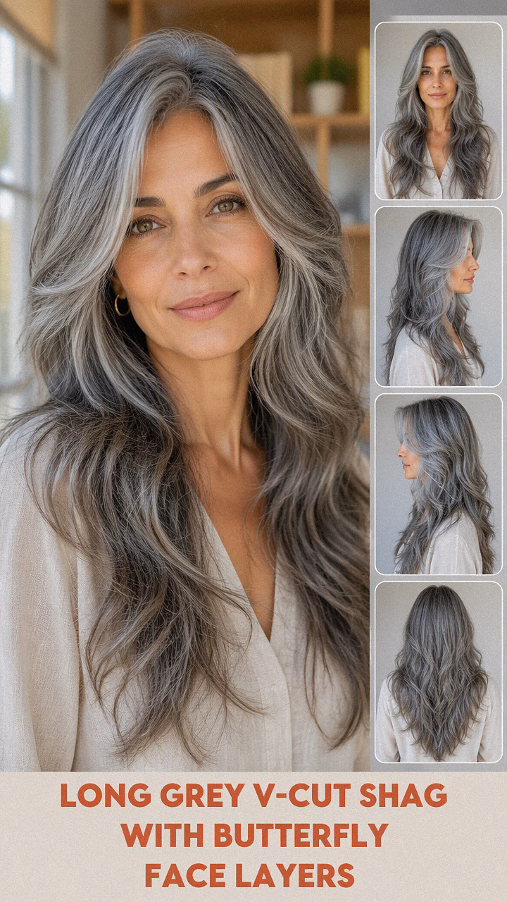 Long Grey V-Cut Shag With Butterfly Face Layers
