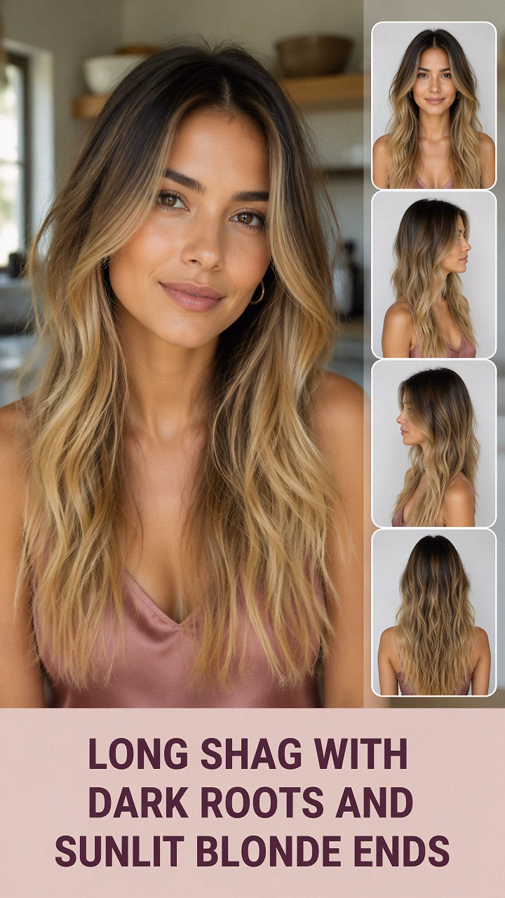 Long Shag With Dark Roots And Sunlit Blonde Ends