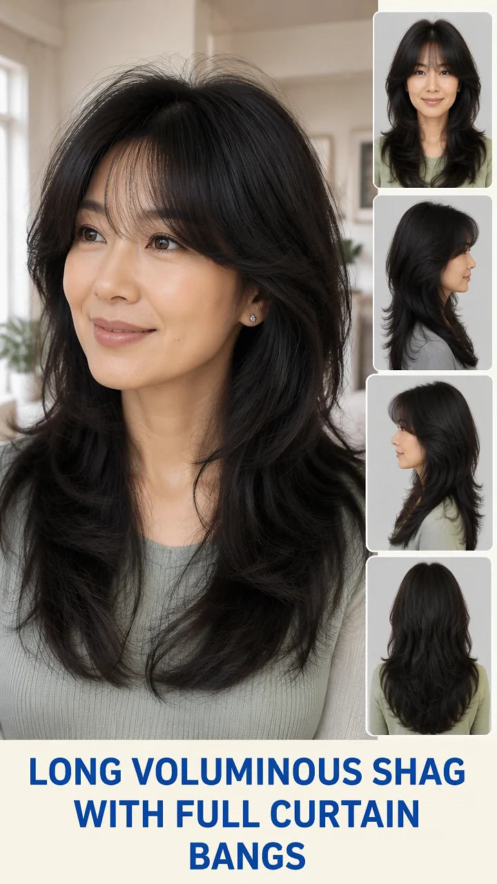 Long Voluminous Shag With Full Curtain Bangs