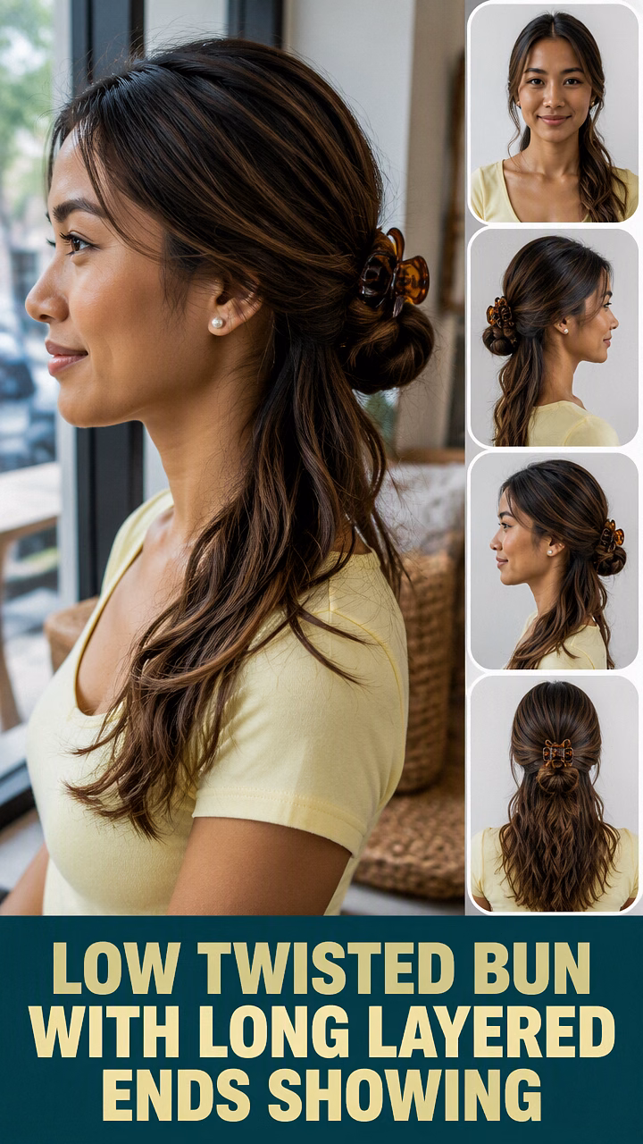 Low Twisted Bun With Long Layered Ends Showing