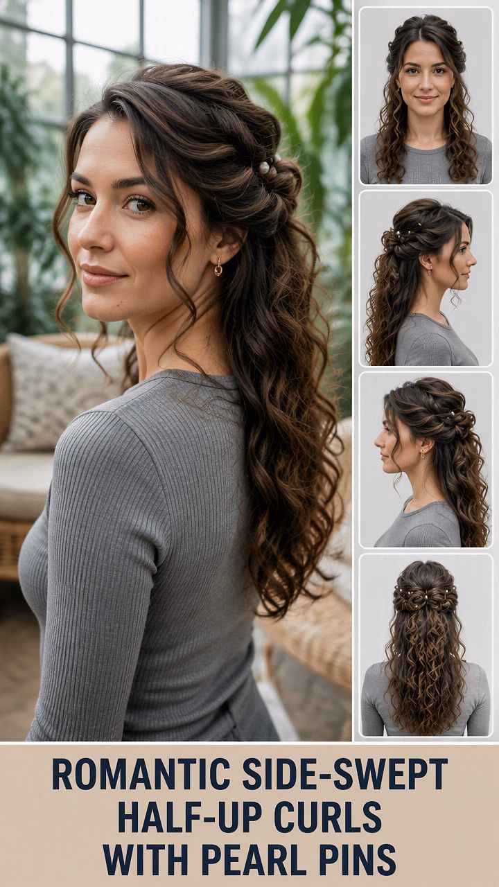Romantic Side-Swept Half-Up Curls With Pearl Pins