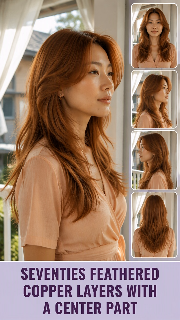 Seventies Feathered Copper Layers With A Center Part