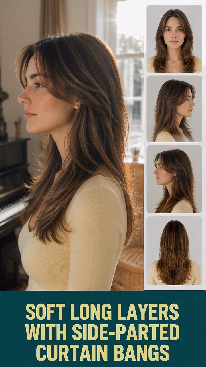 Soft Long Layers With Side-Parted Curtain Bangs