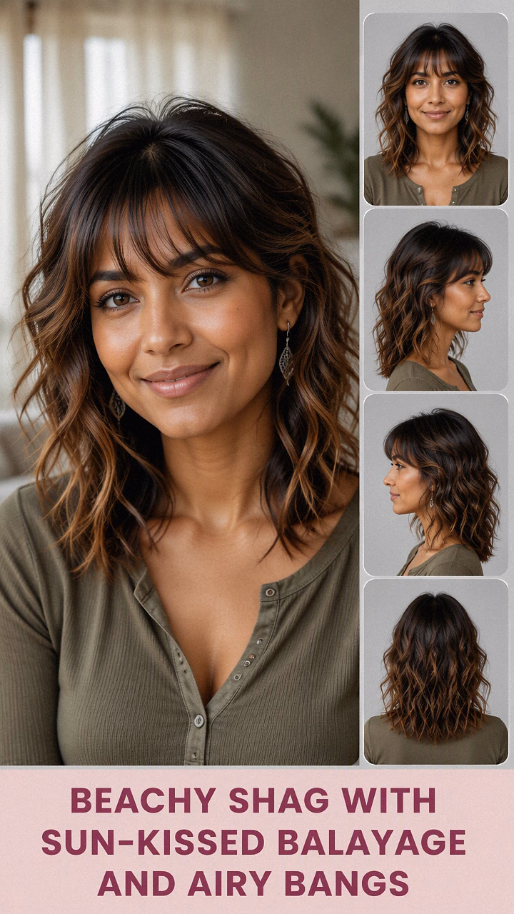 Beachy Shag With Sun-Kissed Balayage And Airy Bangs