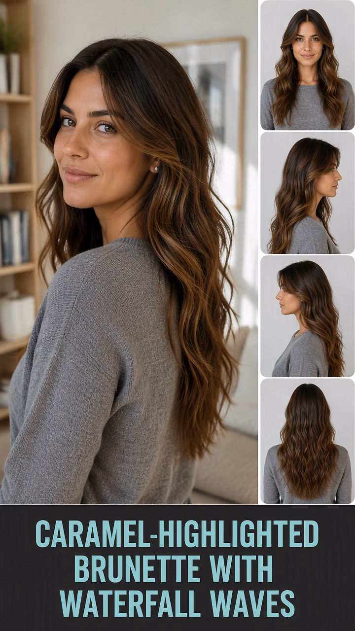 Caramel-Highlighted Brunette With Waterfall Waves