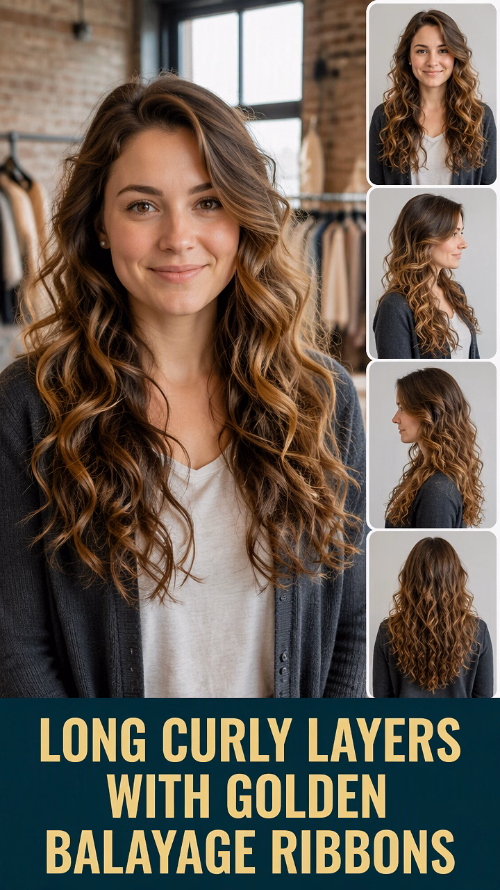 Long Curly Layers With Golden Balayage Ribbons