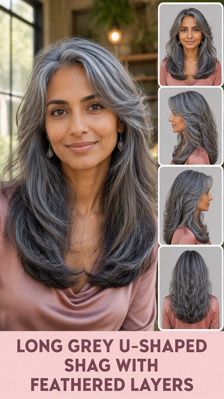 Long Grey U-Shaped Shag With Feathered Layers
