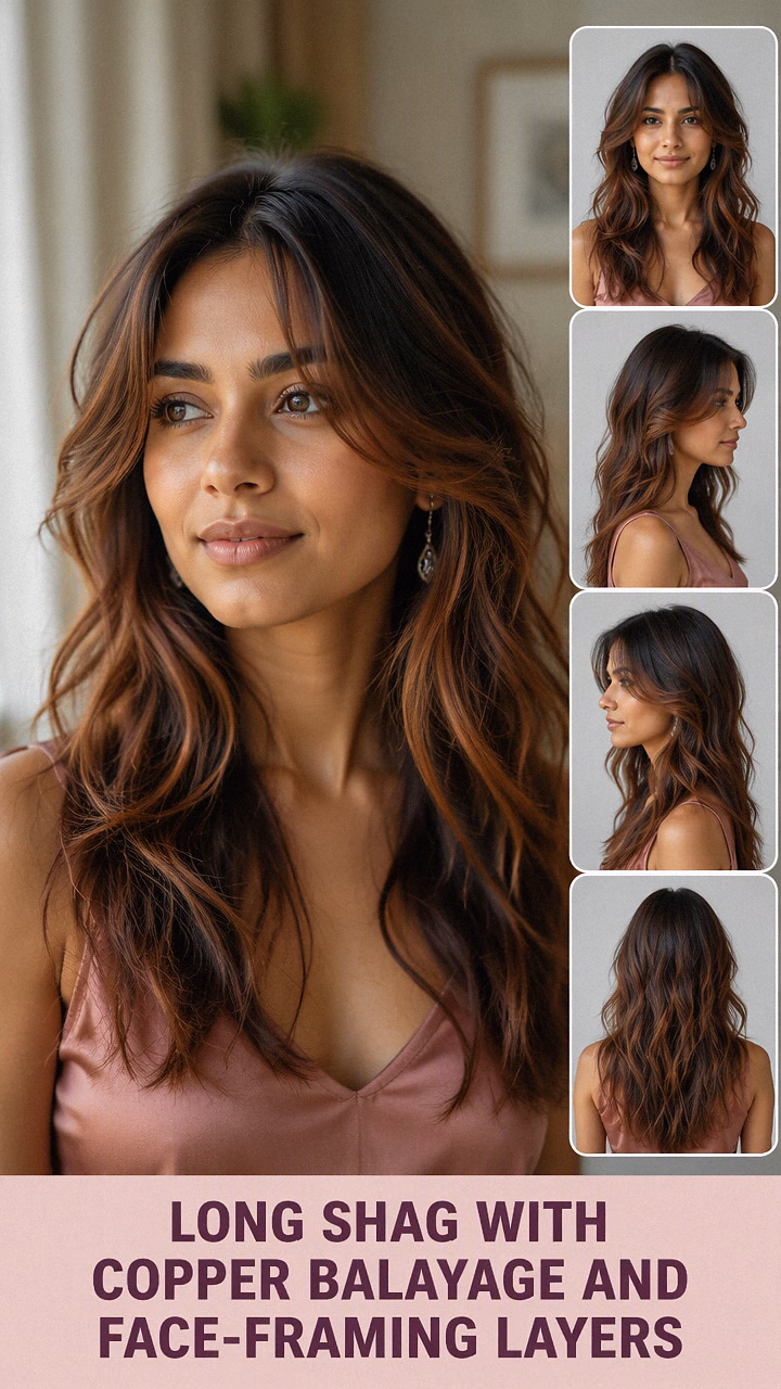 Long Shag With Copper Balayage And Face-Framing Layers