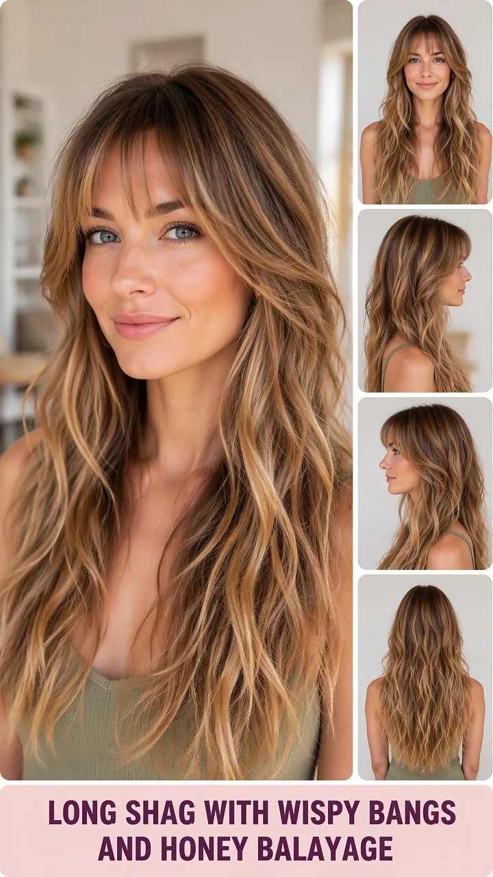 Long Shag With Wispy Bangs And Honey Balayage