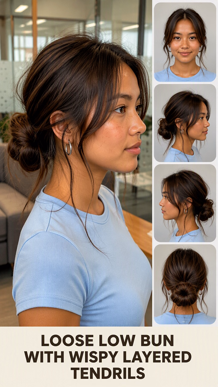 Loose Low Bun With Wispy Layered Tendrils