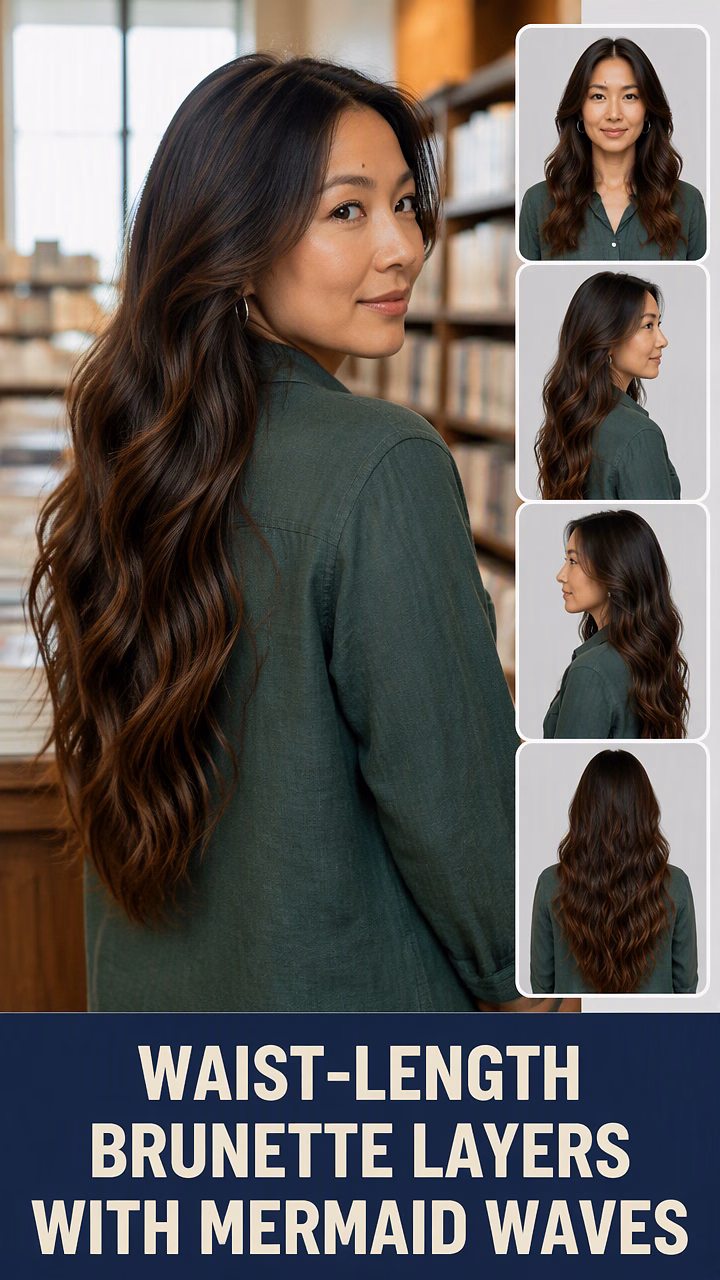 Waist-Length Brunette Layers With Mermaid Waves
