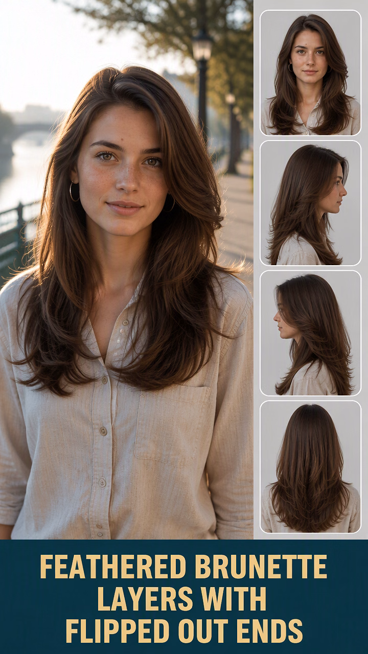 Feathered Brunette Layers With Flipped Out Ends