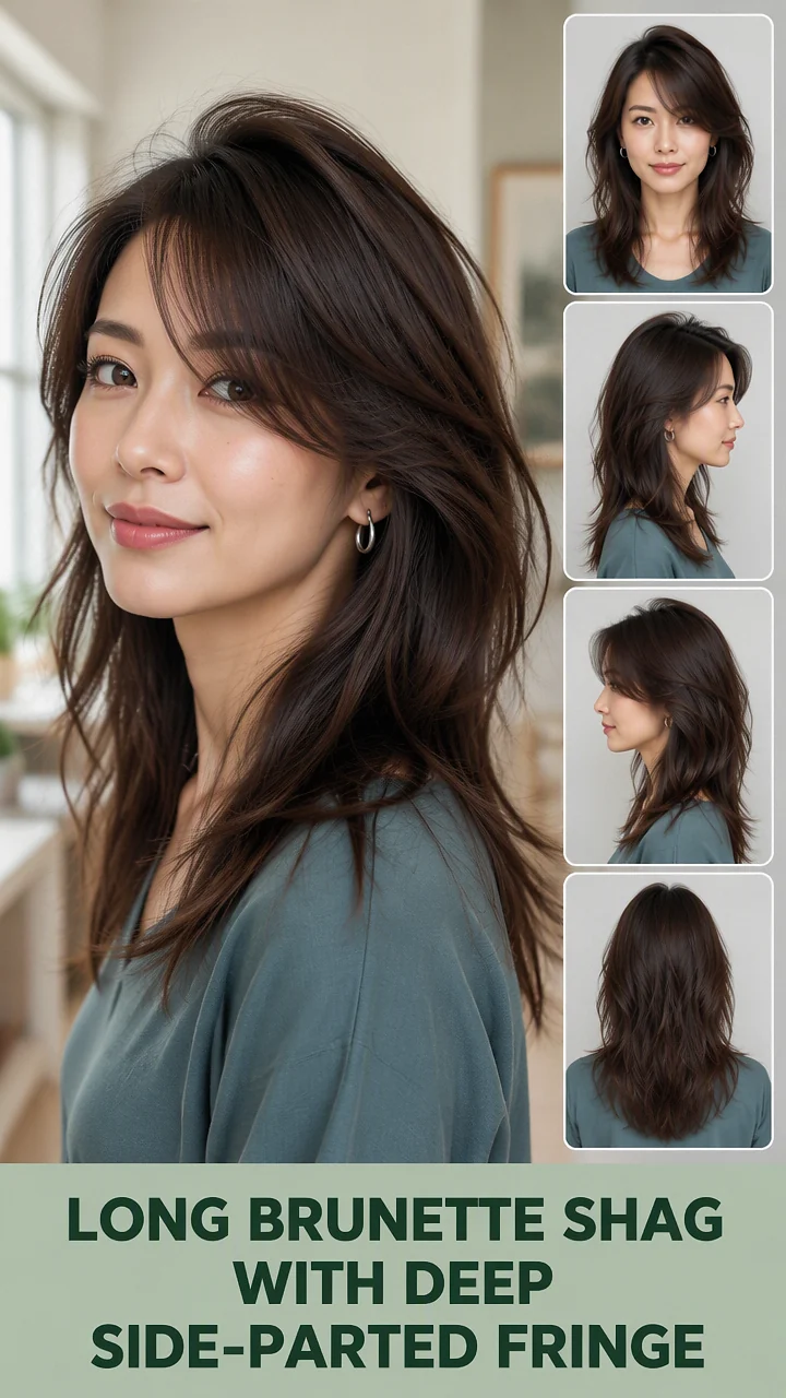 Long Brunette Shag With Deep Side-Parted Fringe