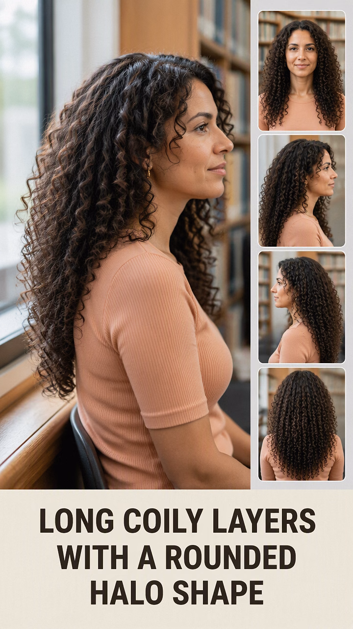 Long Coily Layers With A Rounded Halo Shape