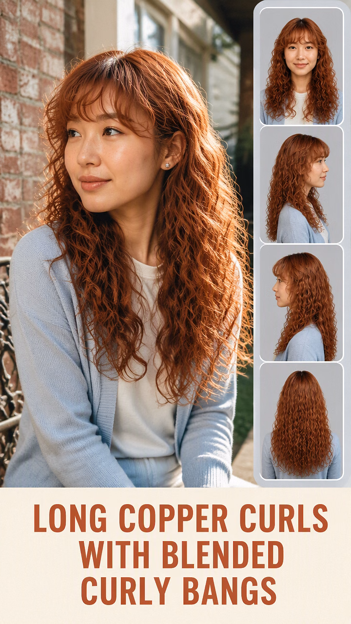 Long Copper Curls With Blended Curly Bangs