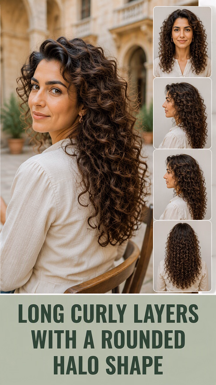 Long Curly Layers With A Rounded Halo Shape