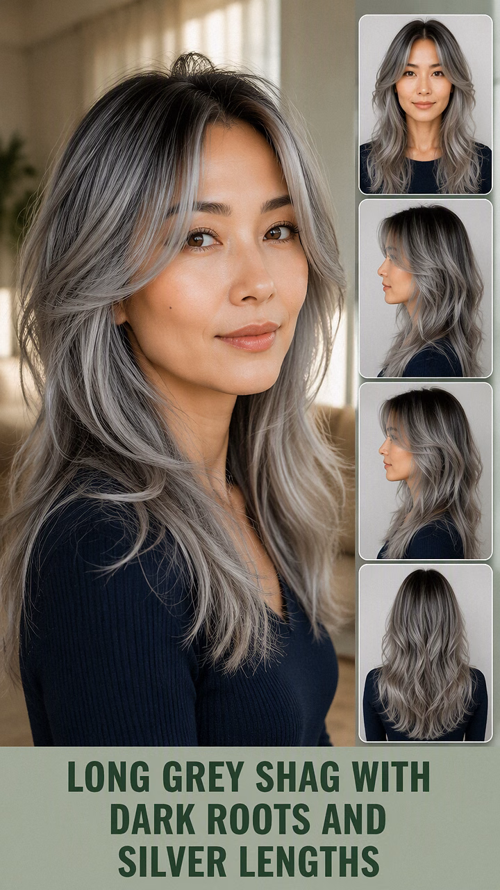 Long Grey Shag With Dark Roots And Silver Lengths